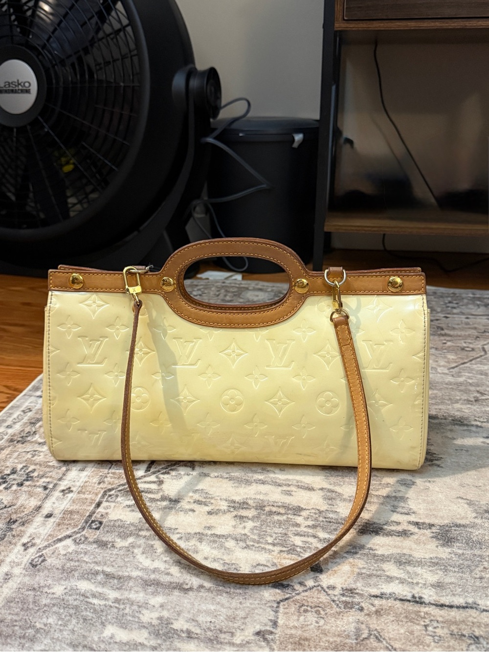 Louis Vuitton Cream Patent Vernis Satchel with Tan Leather Trim